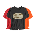 Digital artwork preview of Clayfoot's oval footprint logo on the supplier Bella+Canvas 3001 unisex tee; final supplier proof pending