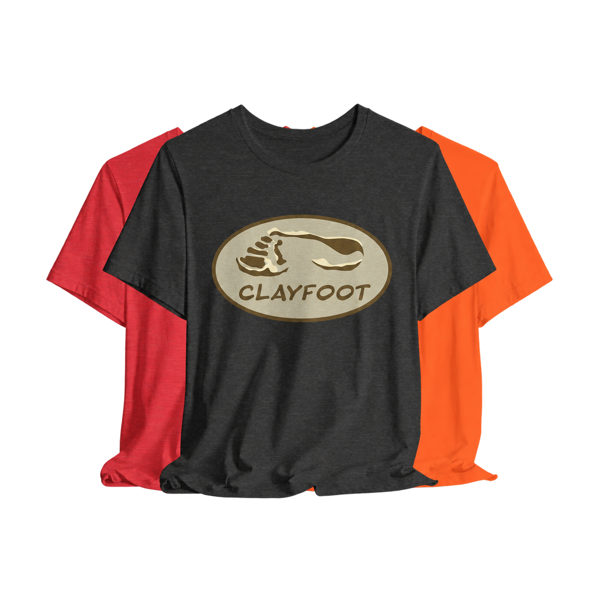 Digital artwork preview of Clayfoot's oval footprint logo on the supplier Bella+Canvas 3001 unisex tee; final supplier proof pending