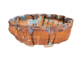 Terracotta and blue scalloped pot with dark vertical glaze streaks, turquoise drops and cream feet