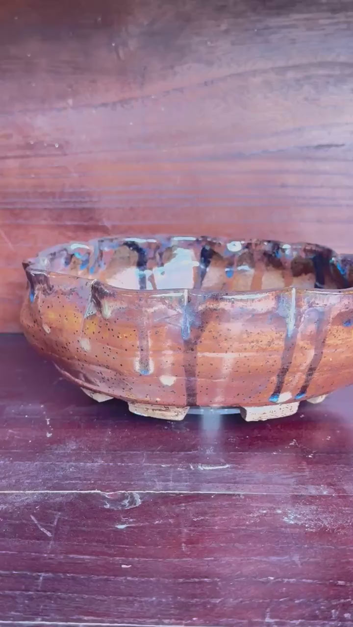 Rotating view of the terracotta and blue scalloped pot